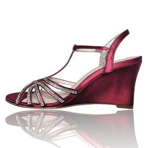 David's Bridal Red Metallic Crystal T-Strap Wedge Heels